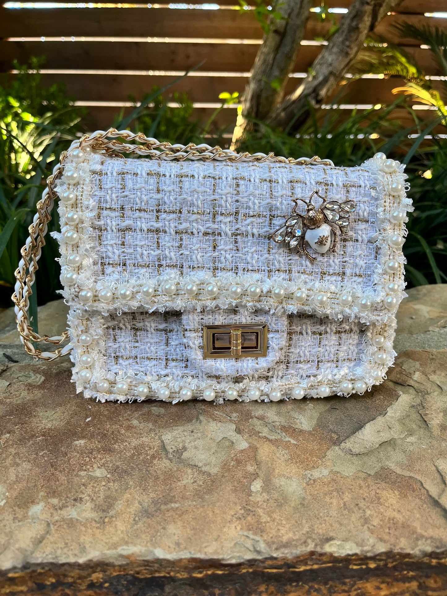 REILLY tweed purse with pearl trim - white with gold