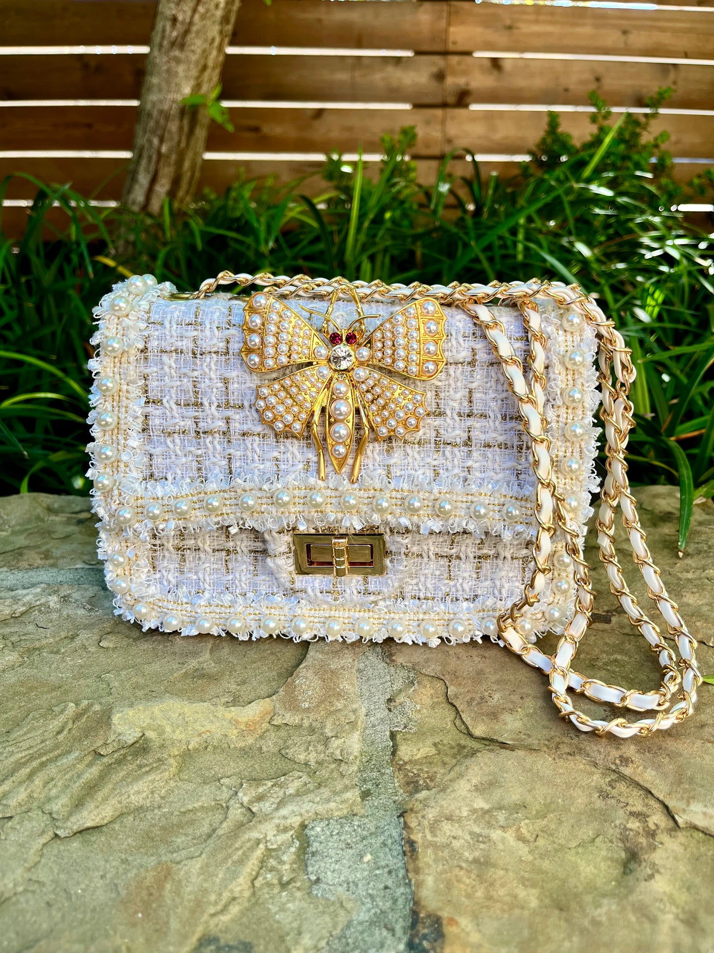 REILLY tweed purse - white and gold plaid